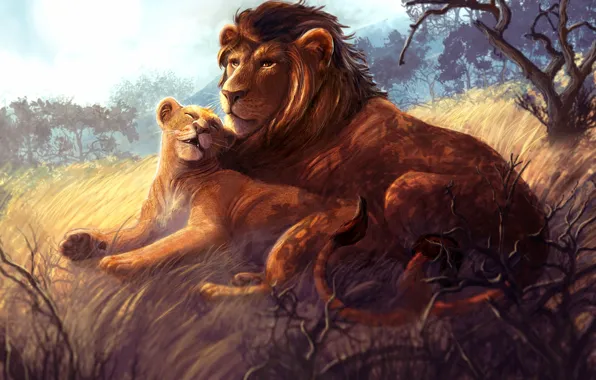 Картинка Рисунок, Двое, Животные, Львы