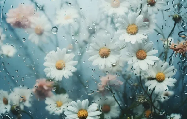 Стекло, вода, капли, цветы, ромашки, букет, размытие, дымка