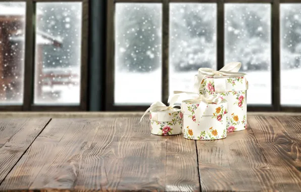 Winter, snow, window, gifts