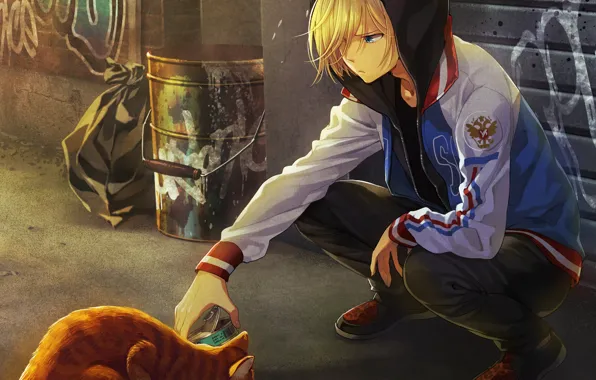 Кот, капюшон, парень, бочка, Юрий на льду, Юрий Плеседский, Yuri On Ice, консерва