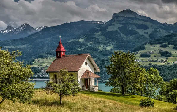 Картинка деревья, горы, Швейцария, Альпы, часовня, Switzerland, Alps, озеро Валензе