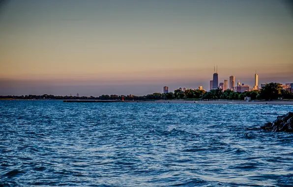 Картинка волны, город, река, небоскребы, Чикаго, панорама, Иллиноис