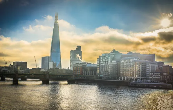 Небо, мост, город, река, дома