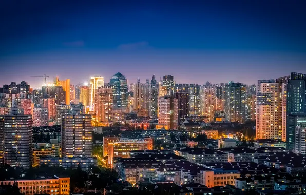 Картинка небо, ночь, огни, здания, кран, Китай, Шанхай