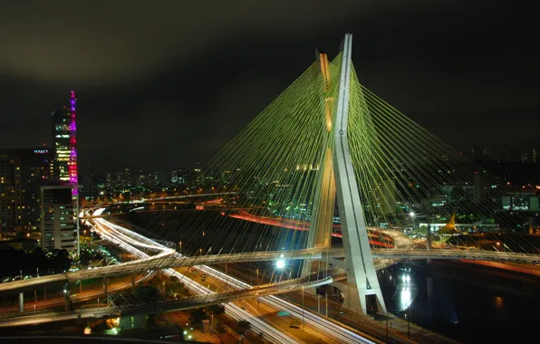 Ночь, мост, огни, река, Бразилия, набережная, автомобили, Octavio Frias de Oliveira