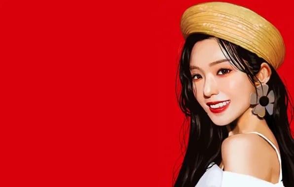 Картинка взгляд, девушка, красный, лицо, улыбка, минимализм, red, girl