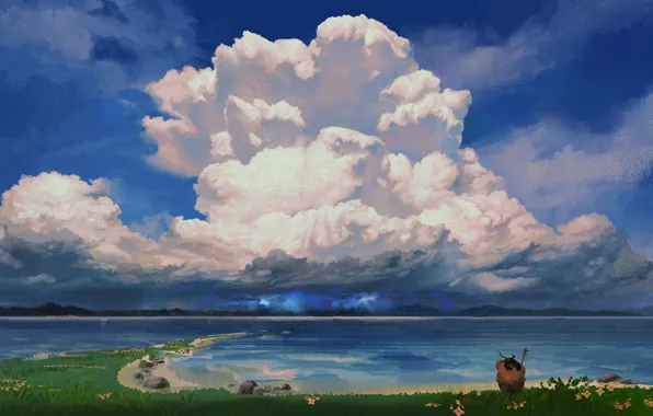 Grass, storm, beach, sky, sea, landscape, water, flowers