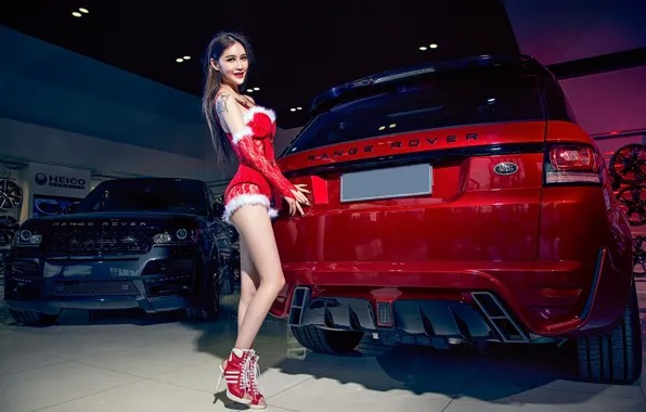 Взгляд, Эротика, красивая девушка, красный авто, Range rover, позирует над машиной