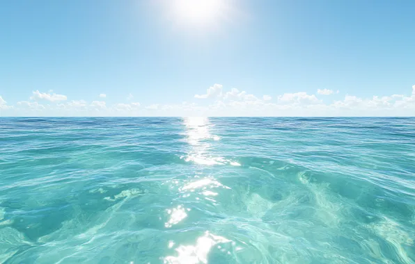 Море, волны, небо, вода, солнце, облака, блики, океан