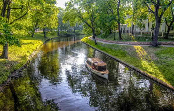 Зелень, деревья, парк, HDR, катер, канал, Рига, Латвия