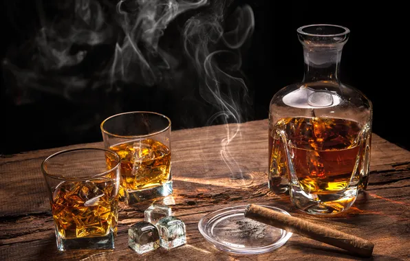 Ice, whiskey, drink, cigar, Mood
