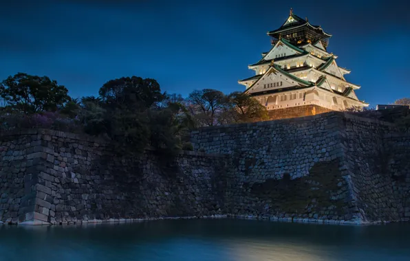 Вода, ночь, замок, Япония, Japan, Osaka, Осака, ров