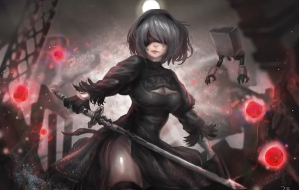 Девушка, робот, меч, чулки, платье, киборг, защитник, NieR: Automata