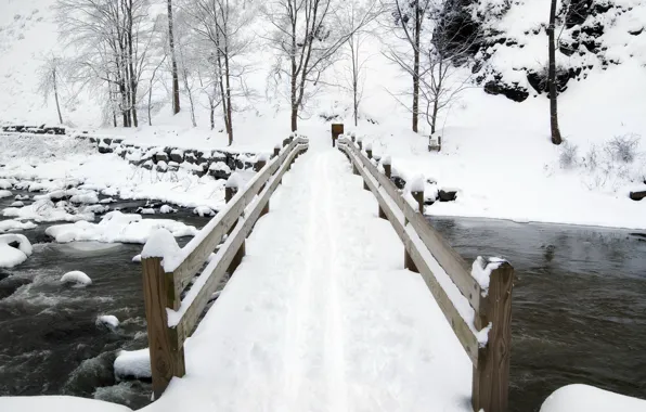 Картинка зима, мост, река