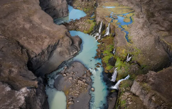 River, landscape, nature, waterfalls, cliffs, aerial view