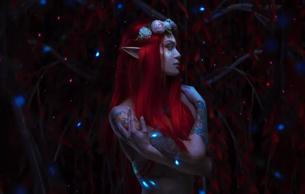 Девушка, Стиль, Тело, Girl, Эльфийка, Тату, Fantasy, Татуировка