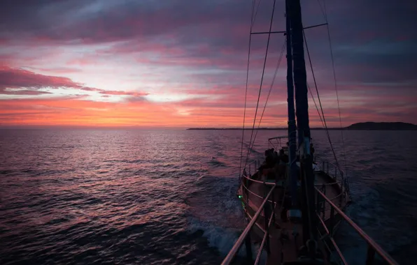 Море, закат, путь, движение, побережье, парусник, вечер, экипаж