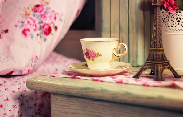 Картинка цветы, дом, чай, Франция, кофе, букет, чашка, Эйфелева башня