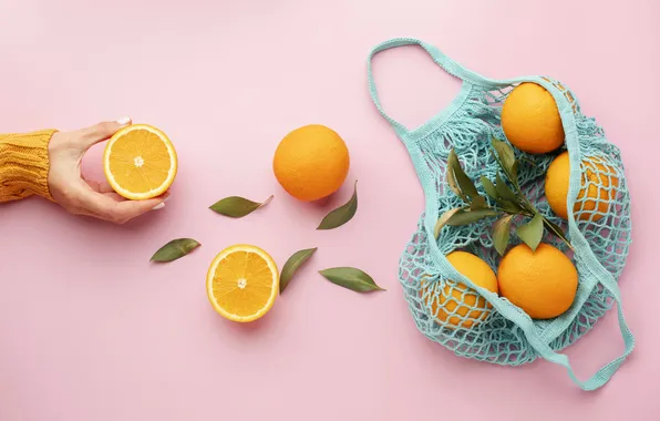 Листья, сетка, рука, апельсины, фрукты, розовый фон, потребитель, композиция
