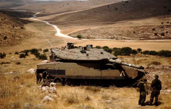 Картинка дорога, холмы, солдаты, танк, стоит, Израиль, Merkava Mk.4, Меркава Mk.4