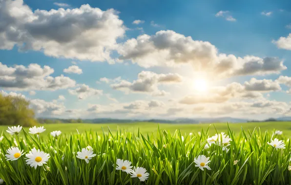 Поле, цветы, ромашки, весна, sunshine, цветение, blossom, flowers