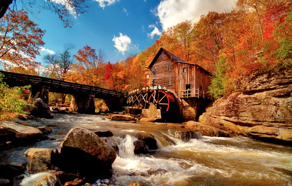 Картинка осень, небо, облака, природа, река, камни, поток, водяная мельница