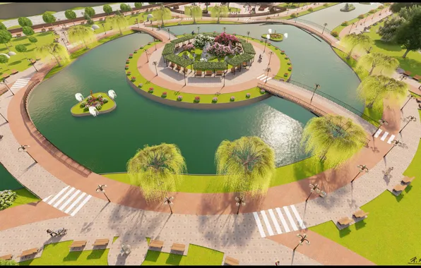 Парк, коляска, островок, водоём, Public park