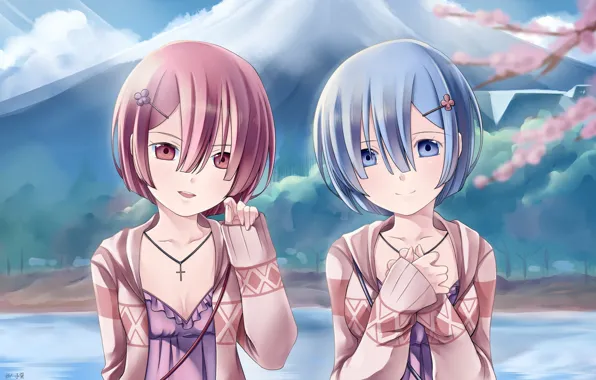Девочки, аниме, арт, сёстры, Re: Zero kara Hajimeru Isekai Seikatsu, С нуля, Рем, Рам