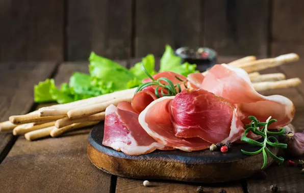 Зелень, доски, палочки, мясо, подставка, боке, нарезка, листья салата