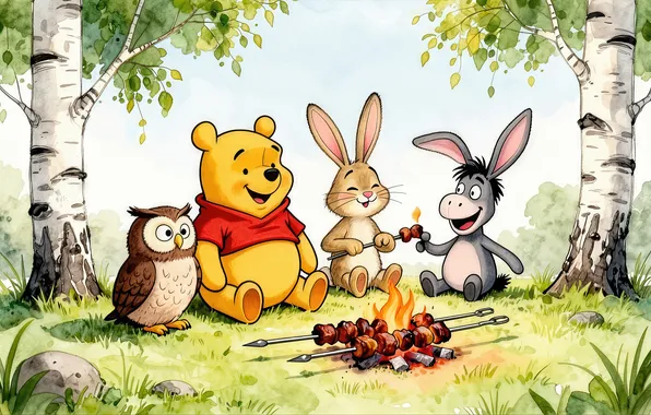 Картинка rabbit, winnie pooh, owl, barbecue, donkey