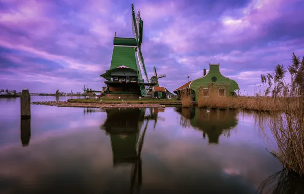Дом, канал, Нидерланды, ветряная мельница, Зансе-Сханс