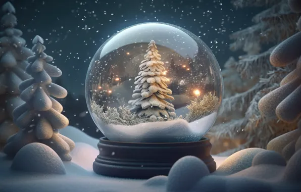 Картинка зима, лес, снег, ночь, lights, елка, шар, Новый Год