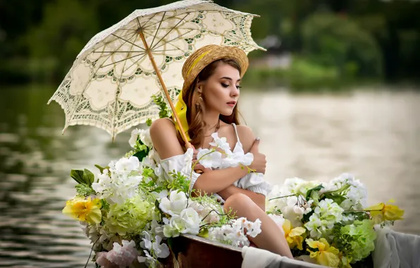 Картинка девушка, цветы, поза, зонтик, настроение, лодка, шляпка, Анастасия Мазай (Донская)