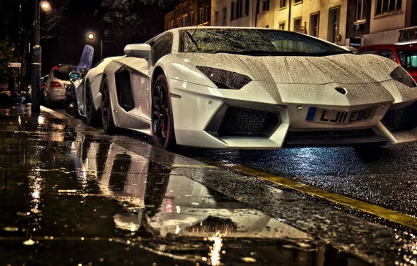 Street, White Aventador, Lamborghini Aventador under rain at night, Aventador in Street, Two Lamborghini, Aventaror, …