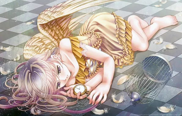 Картинка девушка, часы, ангел, клетка, перья