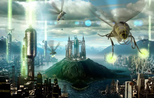 Картинка облака, город, будущее, река, остров, здания, пчелы, сооружения
