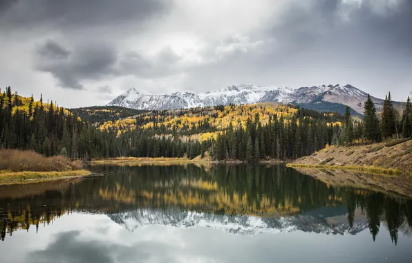 Картинка осень, лес, горы, озеро