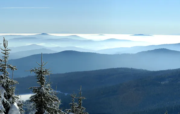 Зима, снег, горы, природа, Чехия, Шумава, narodni park Šumava