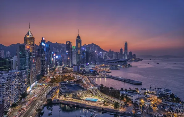 Картинка закат, здания, дома, Гонконг, залив, ночной город, небоскрёбы, Hong Kong