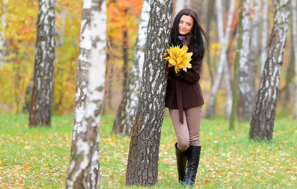 Картинка осень, листья, девушка, деревья, букетик