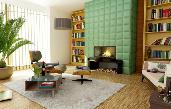 Дизайн, комната, интерьер, ковёр, кресло, камин, столик, полки