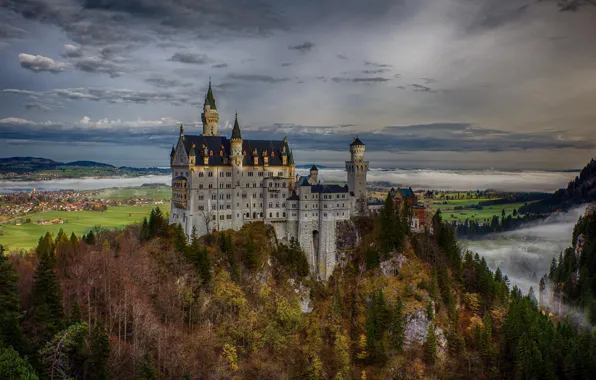 Картинка осень, лес, скала, Германия, Бавария, Germany, Bavaria, Neuschwanstein Castle