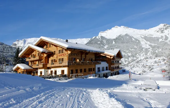 Картинка зима, лес, снег, горы, дом, Швейцария, отель, курорт