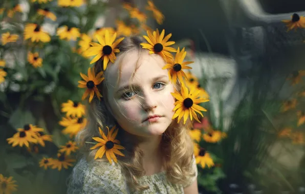 Взгляд, цветы, настроение, портрет, красота, девочка