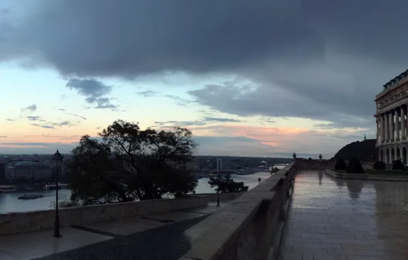 City, love, umbrella, garden, castle, rainy day, hungary, mobile phone