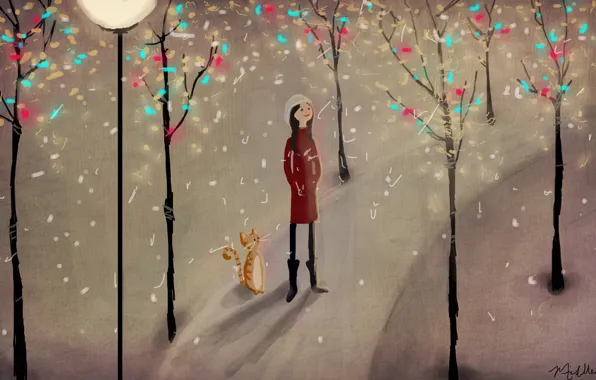 Картинка зима, кот, снег, деревья, парк, рисунок, девочка, фонарь