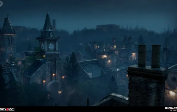 Ночь, город, крыши, фонари, архитектура, Uncharted 4, Orphanage part 1