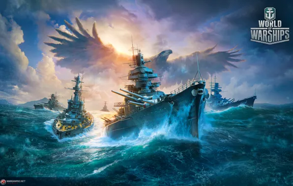 Картинка война, корабли, Птица, орёл, боевые, Линкор, World of Warships, Мир Кораблей