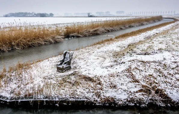 Картинка зима, снег, река, кресло