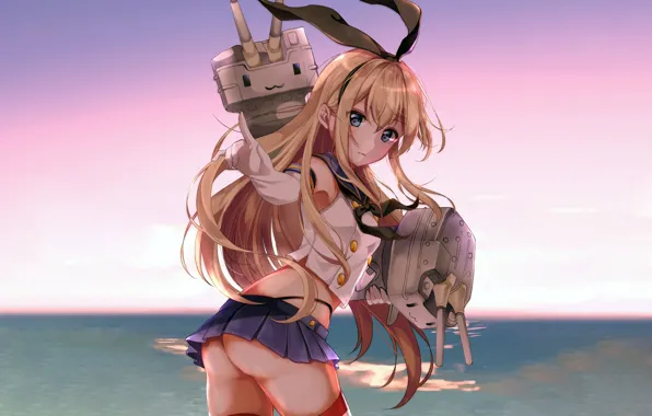 Girl, sexy, ass, thighhighs, long hair, sea, anime, blue eyes